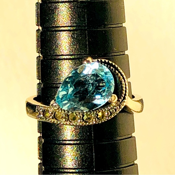 Aquamarine & Marcasites Sterling Silver Ring 6 3/4